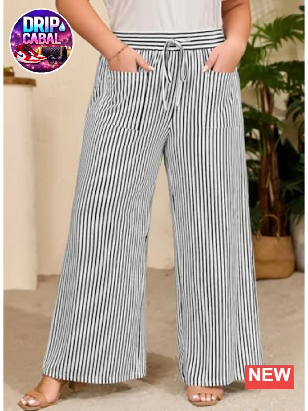 Plus Size Wide Leg Pants High Waist Striped Palazzo Lounge Trousers with Pockets